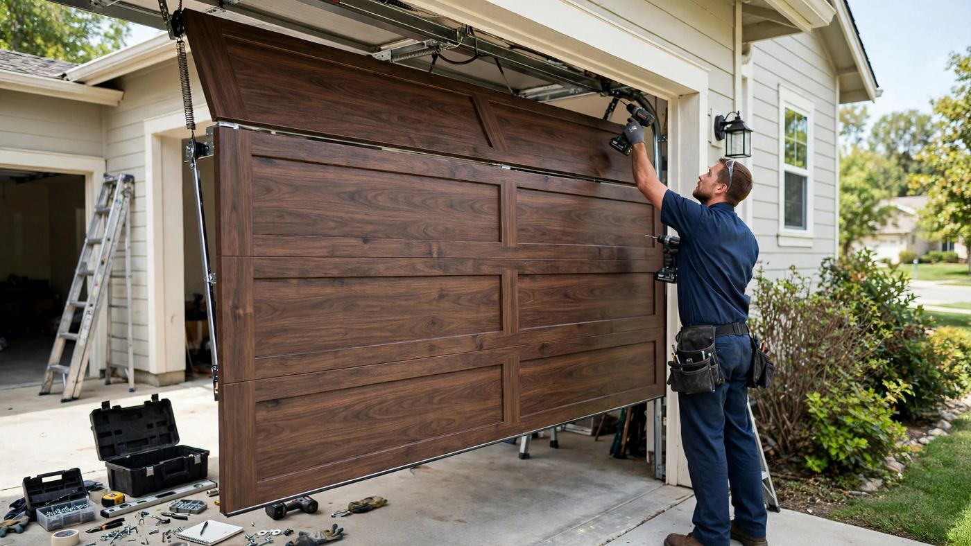Garage Door Maintenance & Tune-Up — garage door technician at work