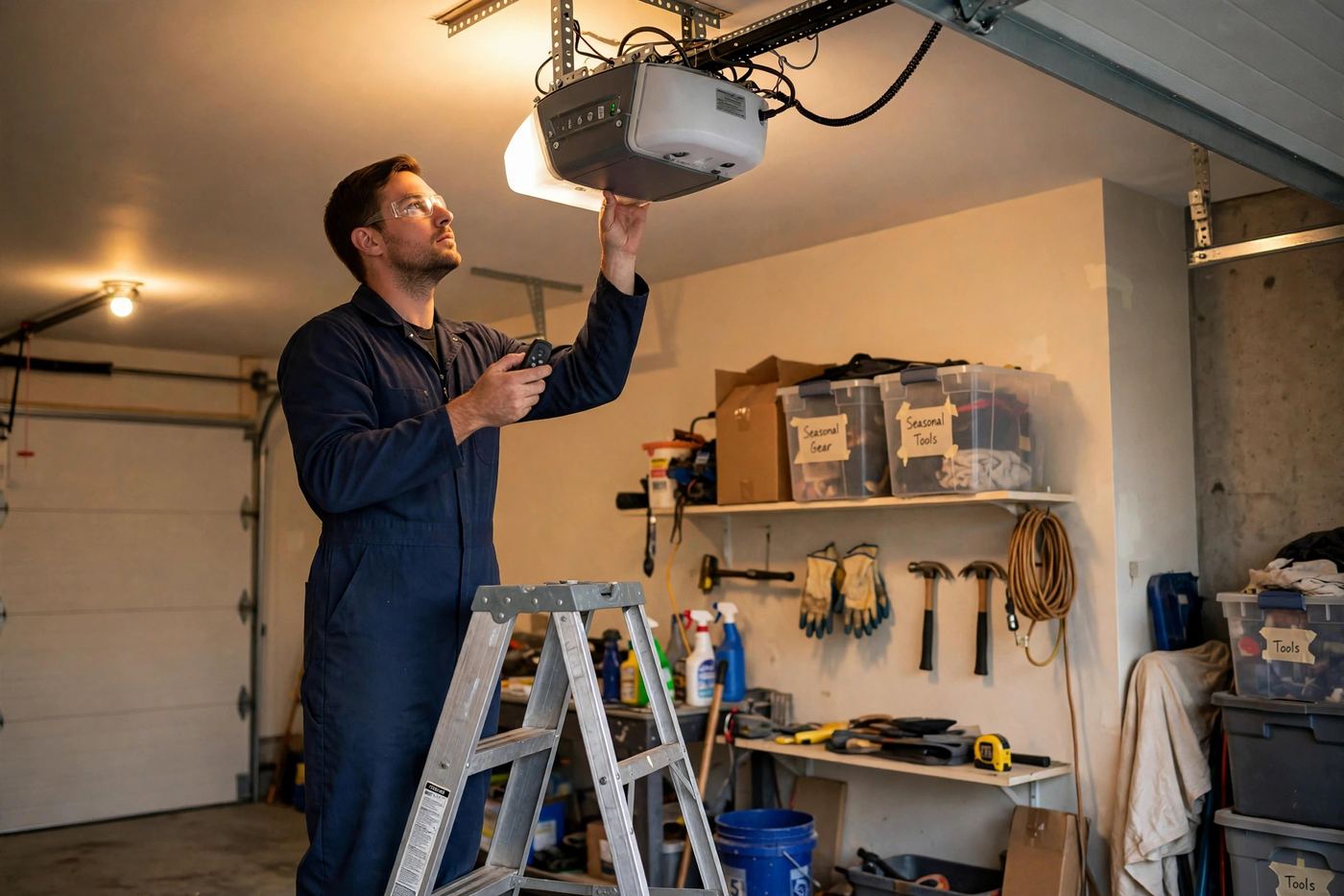 Garage Door Panel Replacement — garage door technician at work